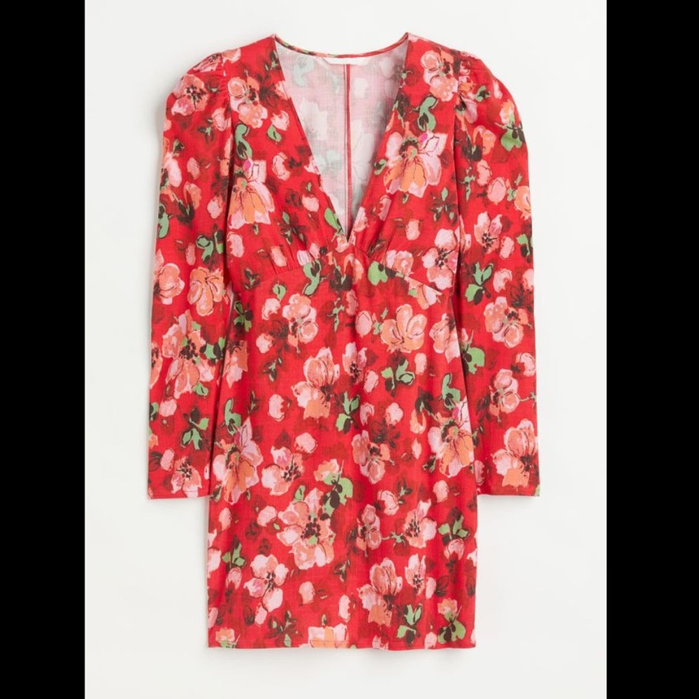 NWT H&M plunge v neck long sleeve Floral Red Dress - Picture 3 of 8